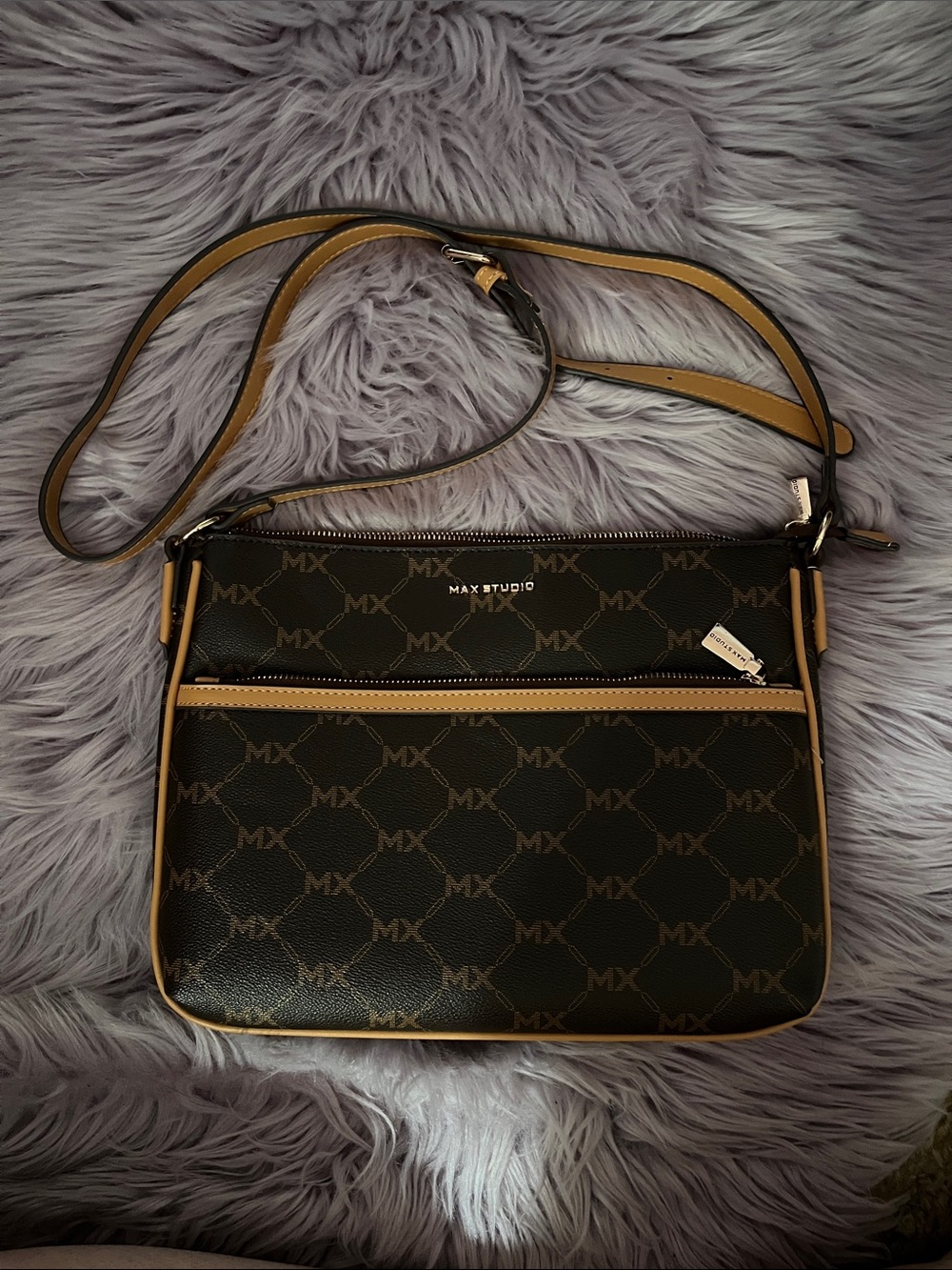NWOT Max Studio Dark Brown Crossbody with Tan Trim